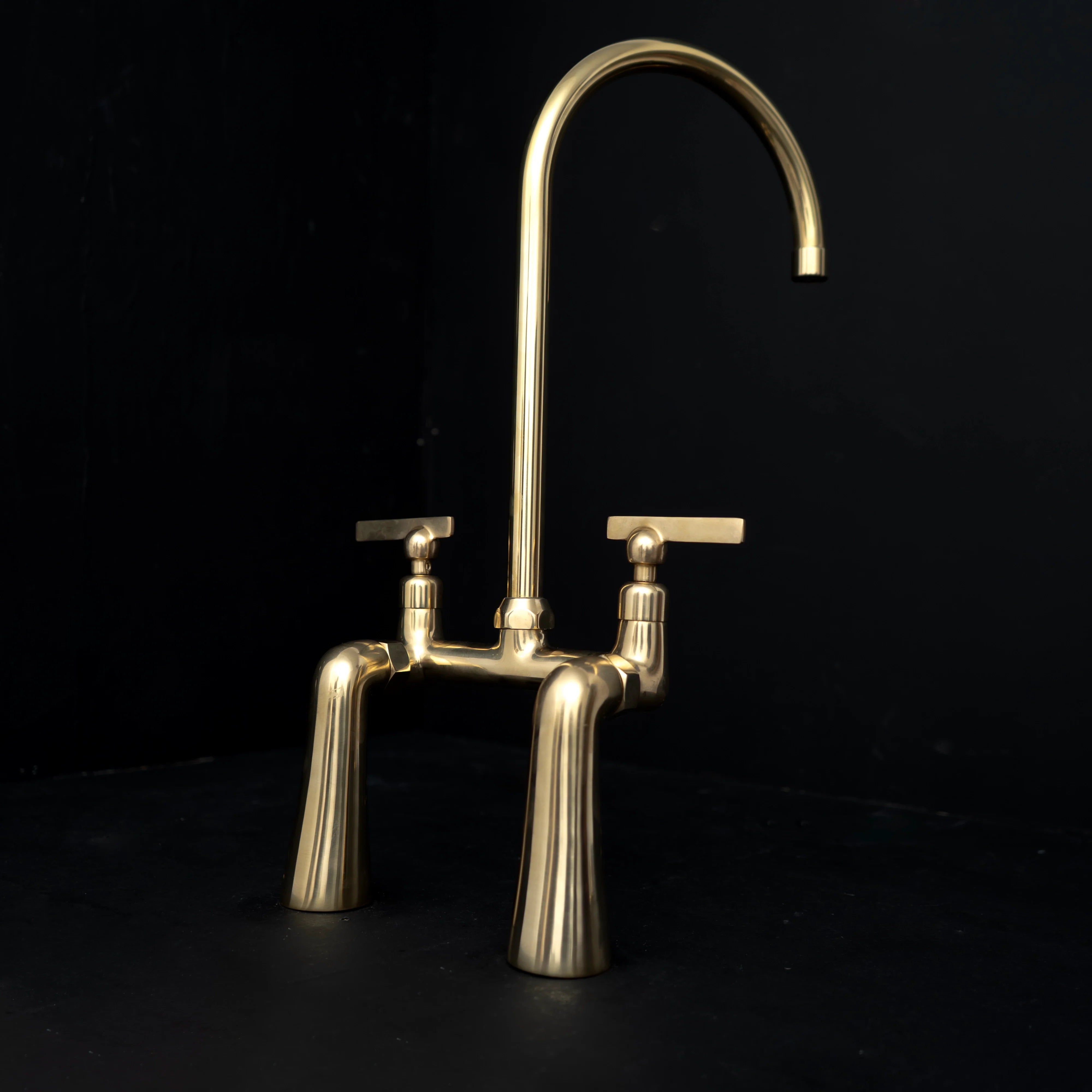 GoldenArc Bridge Kitchen Faucet – Unlacquered Brass, 2-Hole 8" Spread