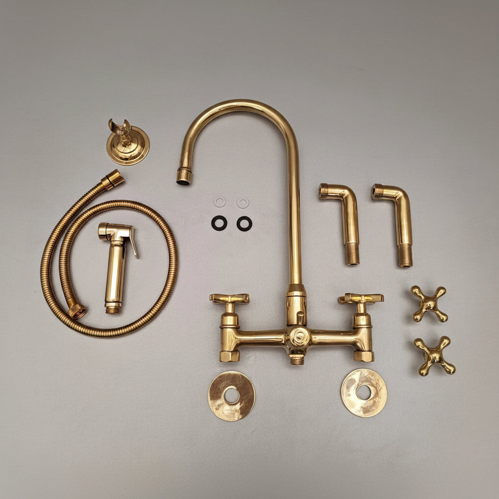 Unlacquered Brass Wall Mount Kitchen Faucet with Sprayer – Cross Handles, 8" Spout