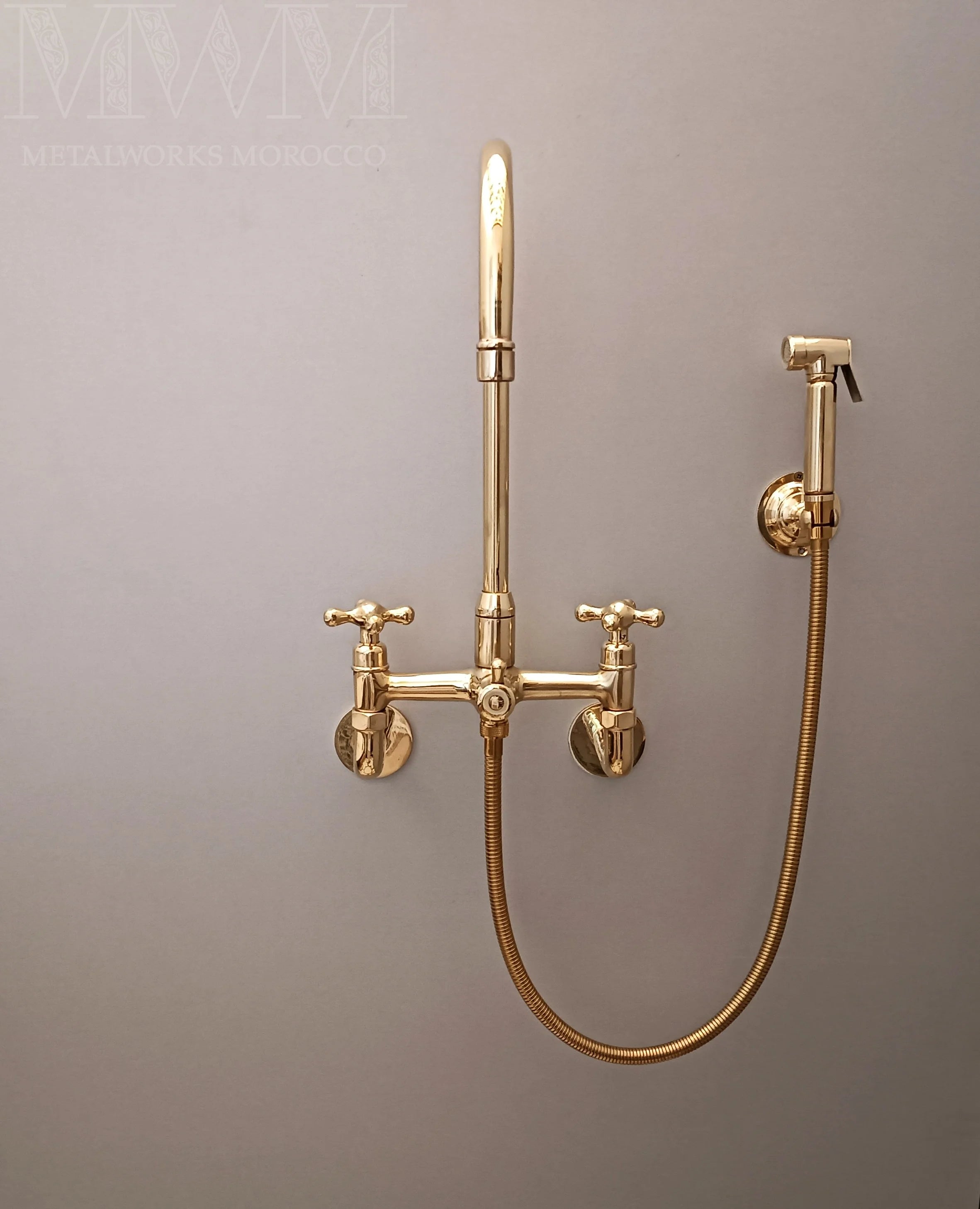 Unlacquered Brass Wall Mount Kitchen Faucet with Sprayer – Cross Handles, 8" Spout
