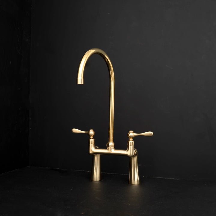 GoldenArc Bridge Kitchen Faucet – Unlacquered Brass, 2-Hole 8" Spread