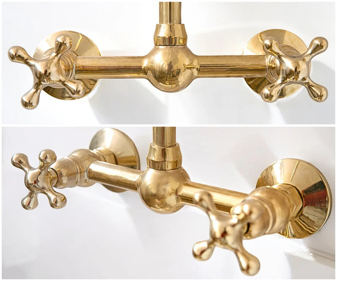 Unlacquered brass wall mount bridge faucet with gooseneck spout and ball center
