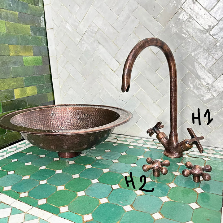 Hand-Engraved Copper Gooseneck Bathroom Faucet – Moroccan Artisan, Single Hole