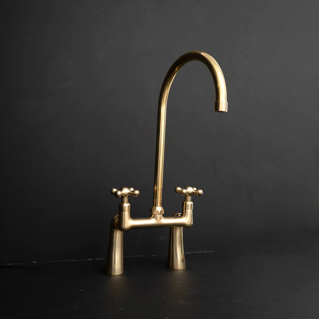 GoldenArc Bridge Kitchen Faucet – Unlacquered Brass, 2-Hole 8" Spread
