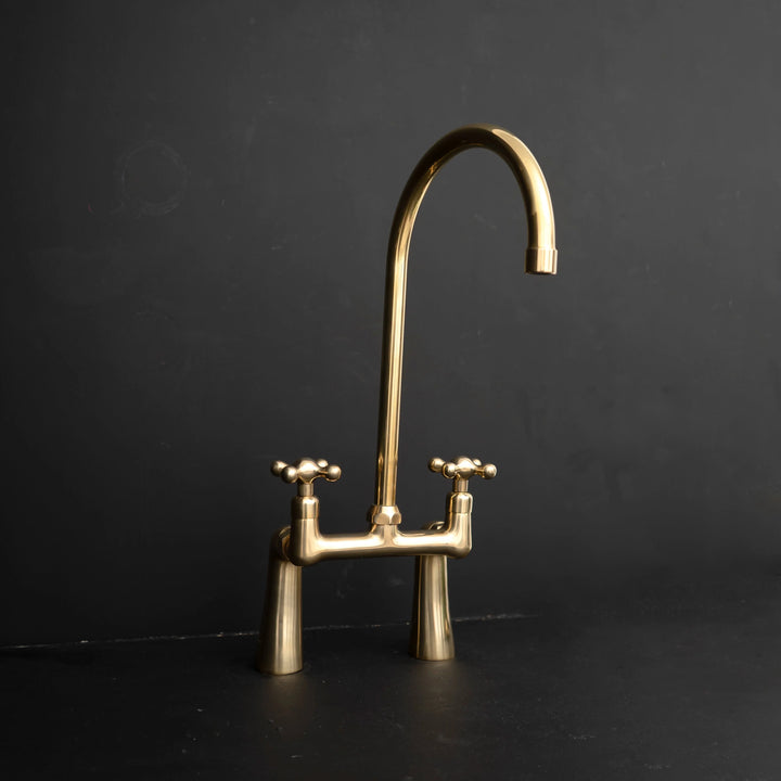 GoldenArc Bridge Kitchen Faucet – Unlacquered Brass, 2-Hole 8" Spread