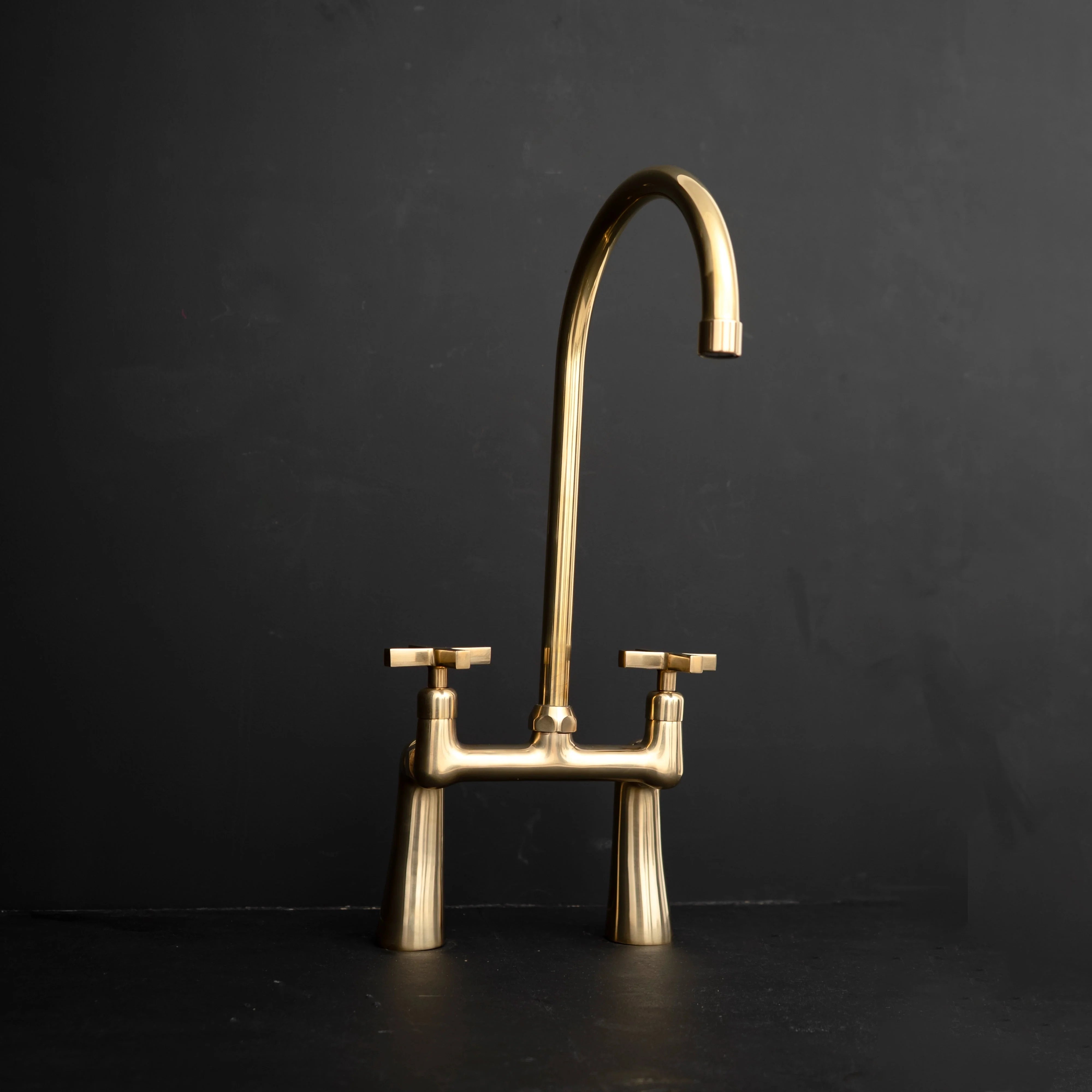 GoldenArc Bridge Kitchen Faucet – Unlacquered Brass, 2-Hole 8" Spread