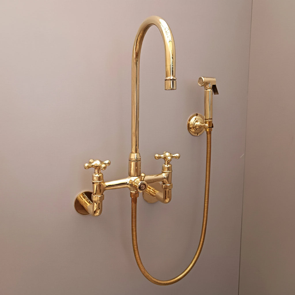Unlacquered Brass Wall Mount Kitchen Faucet with Sprayer – Cross Handles, 8" Spout