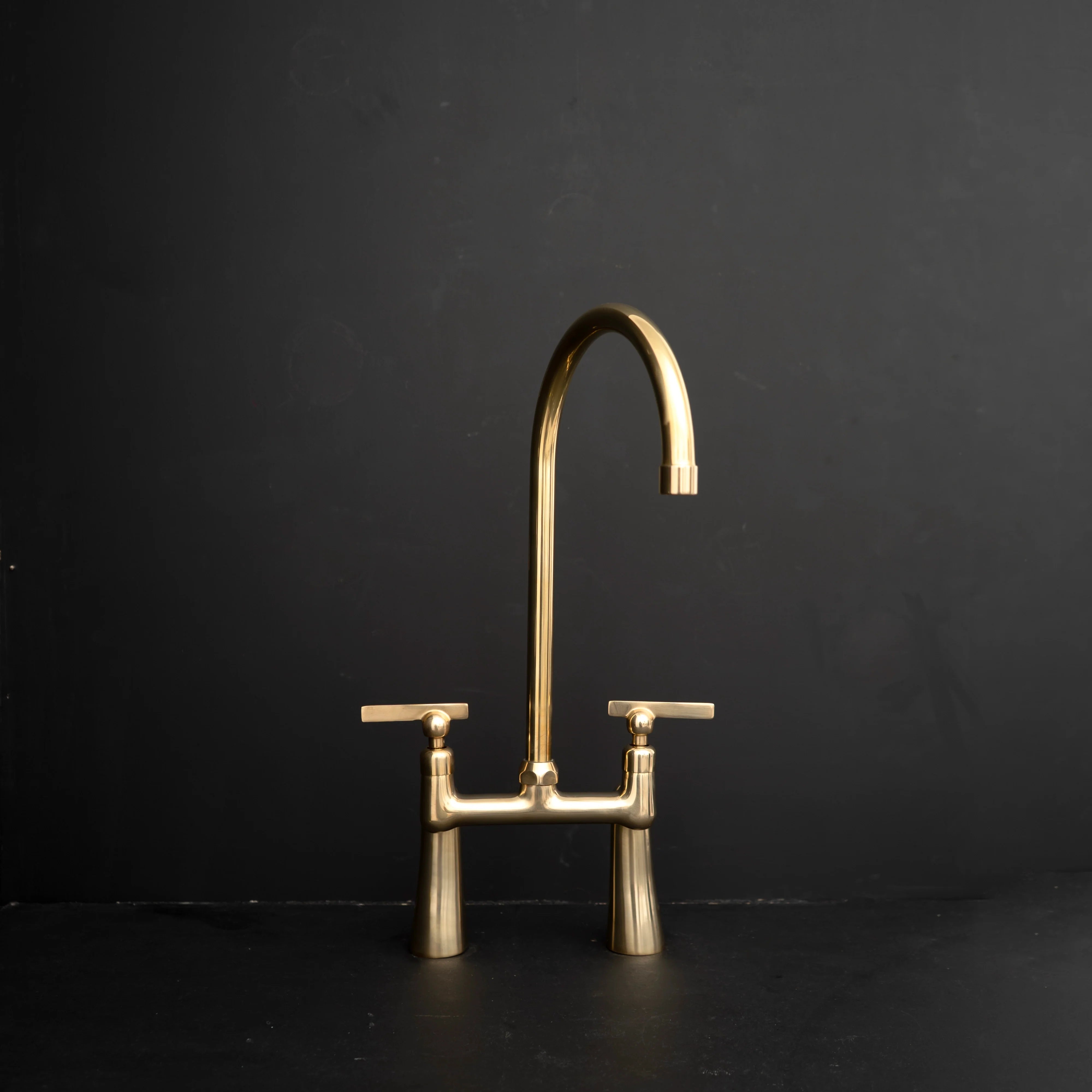 GoldenArc Bridge Kitchen Faucet – Unlacquered Brass, 2-Hole 8" Spread