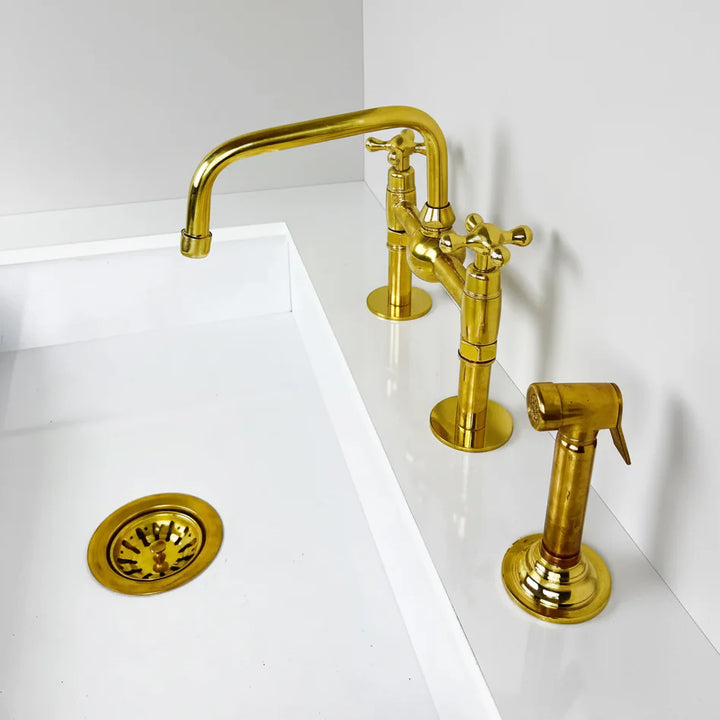 Unlacquered Brass Bridge Kitchen Faucet – Low Profile 9.5", 10" Spout