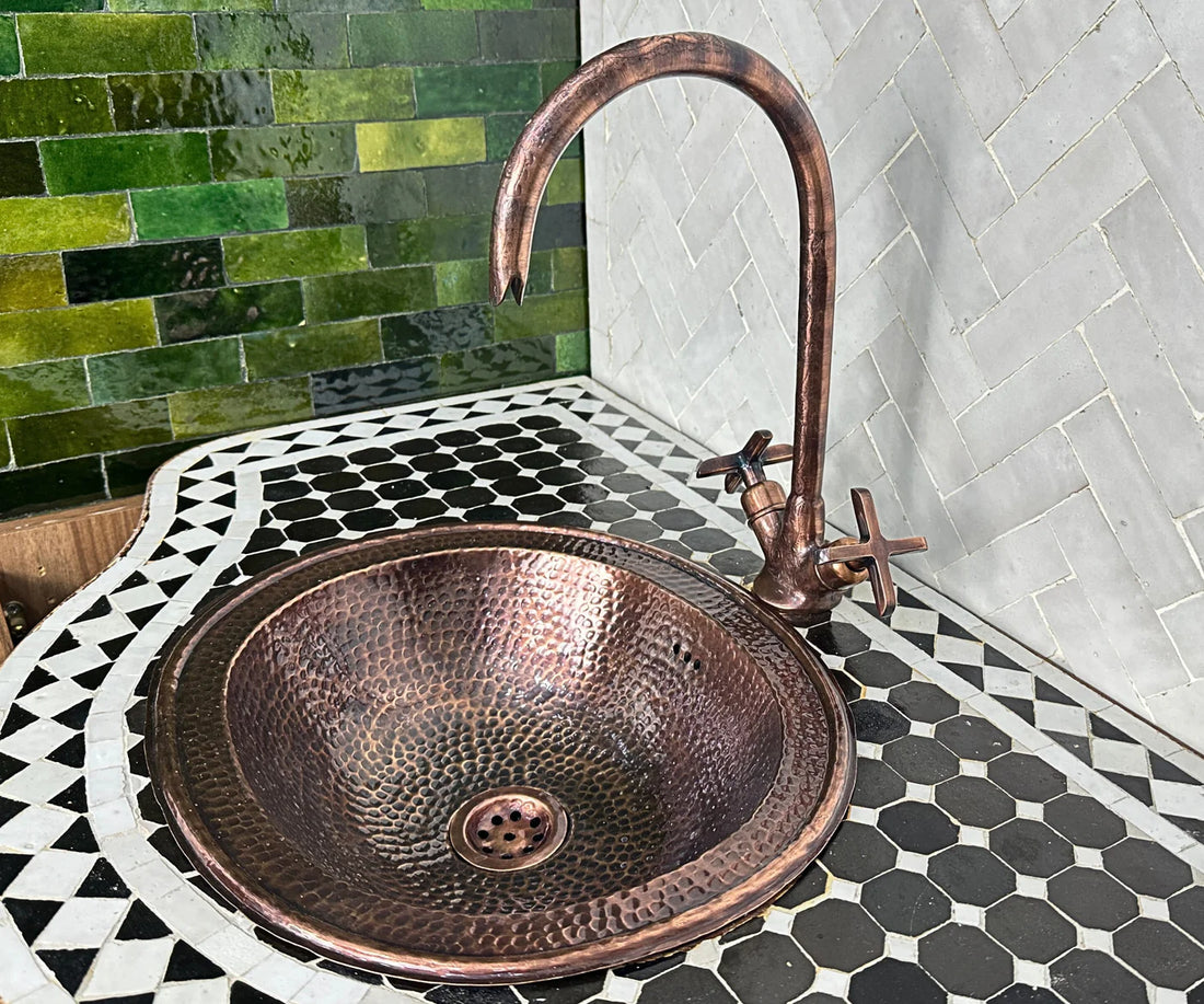Hand-Engraved Copper Gooseneck Bathroom Faucet – Moroccan Artisan, Single Hole