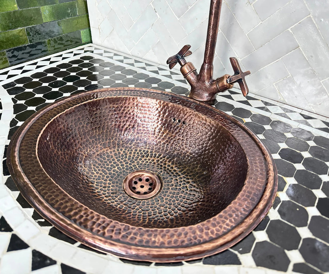 Hand-Engraved Copper Gooseneck Bathroom Faucet – Moroccan Artisan, Single Hole