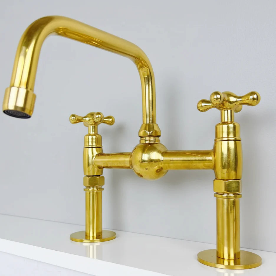 Unlacquered Brass Bridge Kitchen Faucet – Low Profile 9.5", 10" Spout
