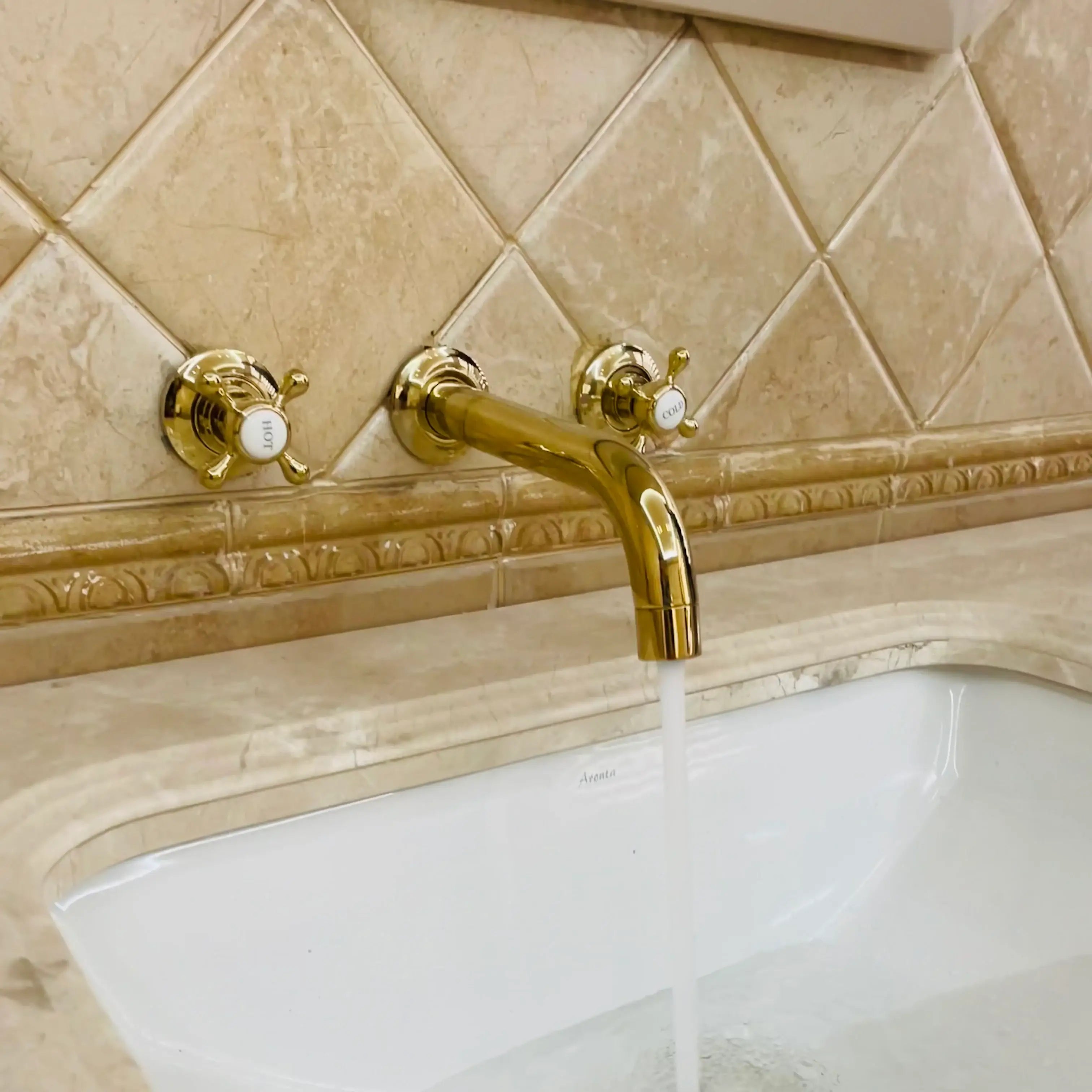Arcadia Unlacquered Brass Wall Mounted Faucet – Cross Handles, 8" Spout