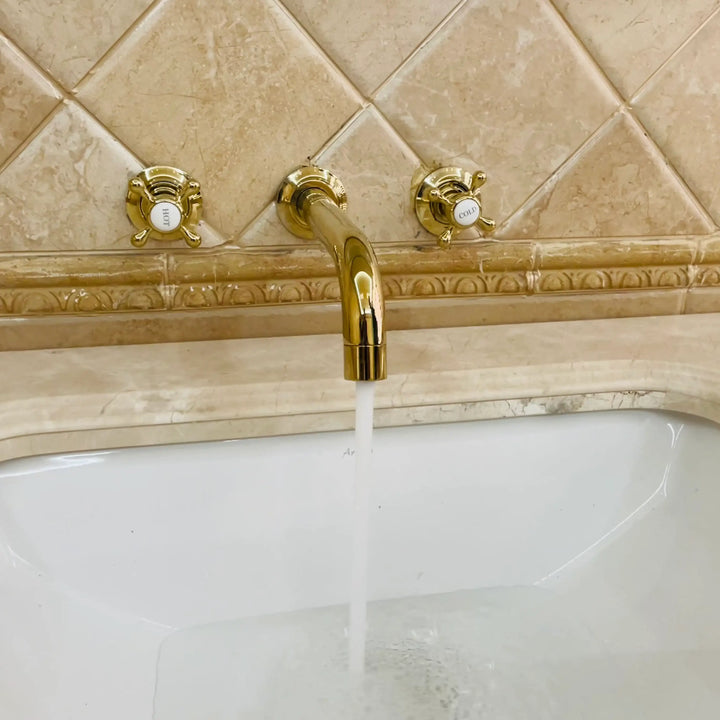 Arcadia Unlacquered Brass Wall Mounted Faucet – Cross Handles, 8" Spout