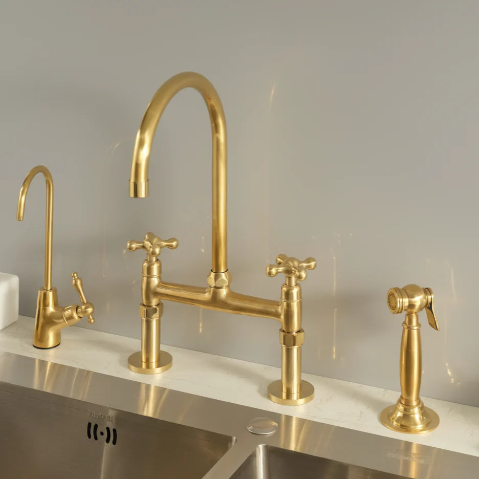 Unlacquered Brass Bridge Kitchen Faucet – Tall 17.5", Optional Sprayer & Cold Tap
