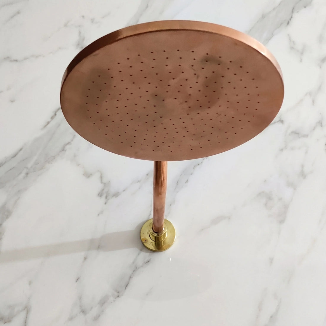 Unlacquered Copper Rainfall Shower Head – Wall Mount, 8" Head, 17" Arm