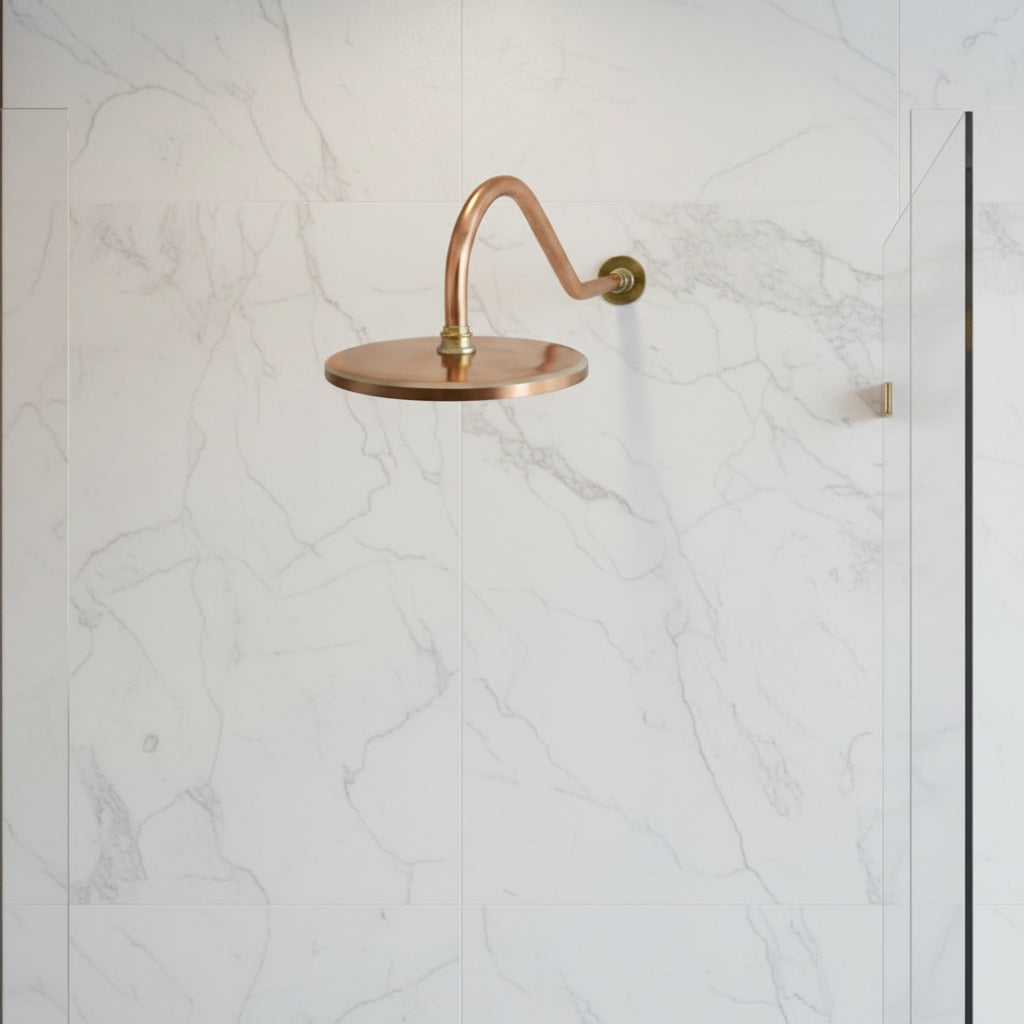 Unlacquered Copper Rainfall Shower Head – Wall Mount, 8" Head, 17" Arm