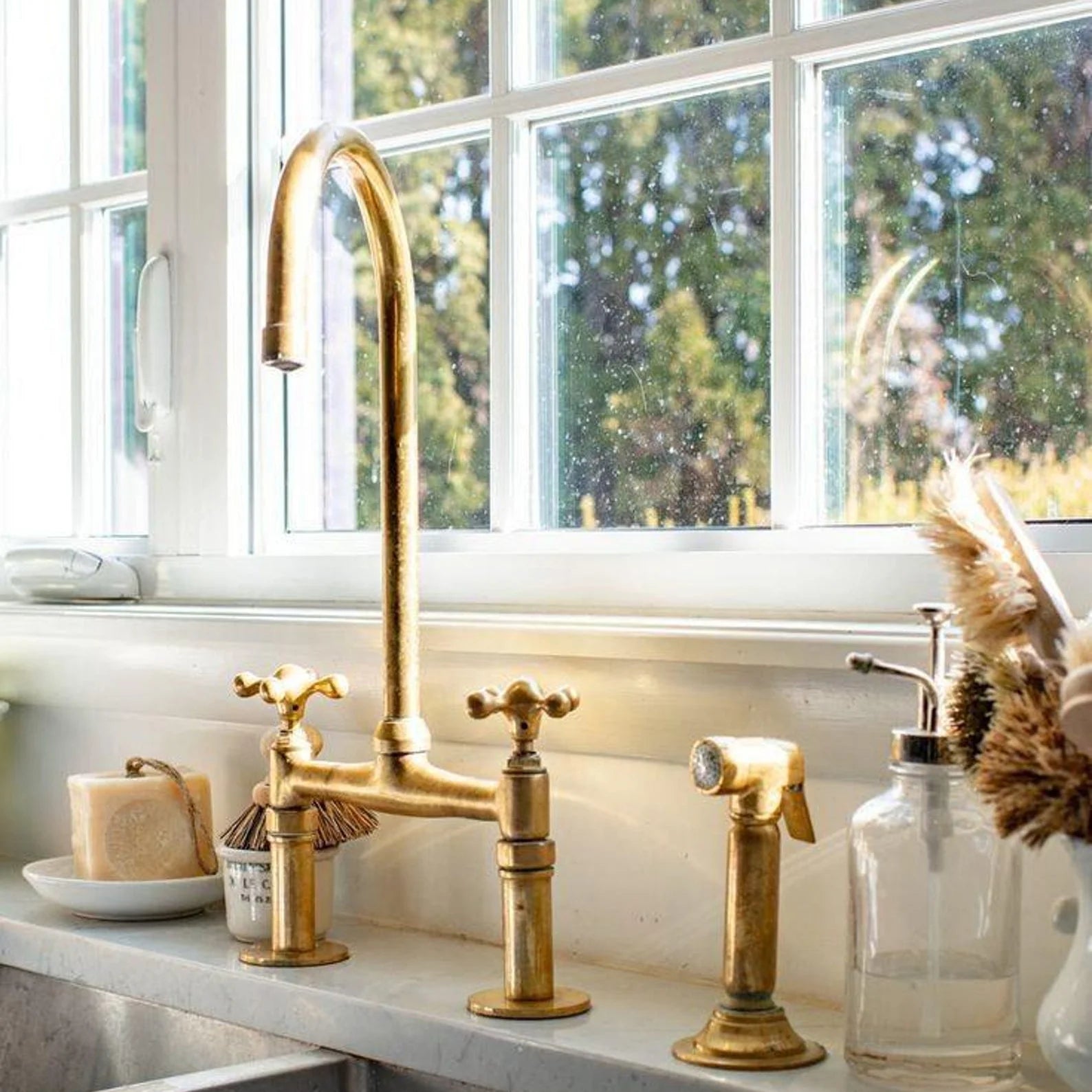 Antique Unlacquered Brass Bridge Kitchen Faucet – 6" or 8" Spread, Optional Sprayer