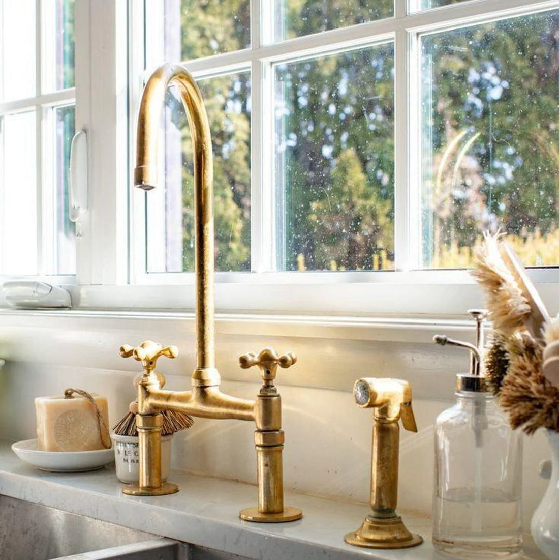 Antique Unlacquered Brass Bridge Kitchen Faucet – 6" or 8" Spread, Optional Sprayer