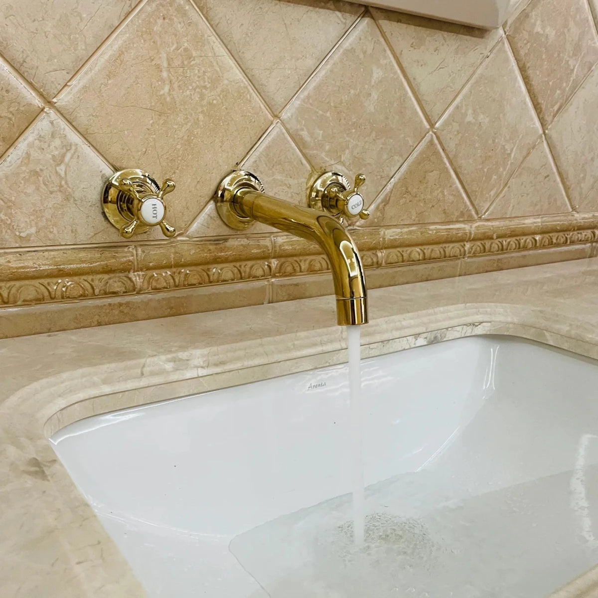 Arcadia Unlacquered Brass Wall Mounted Faucet – Cross Handles, 8" Spout | Solid Brass - The House Of Brass