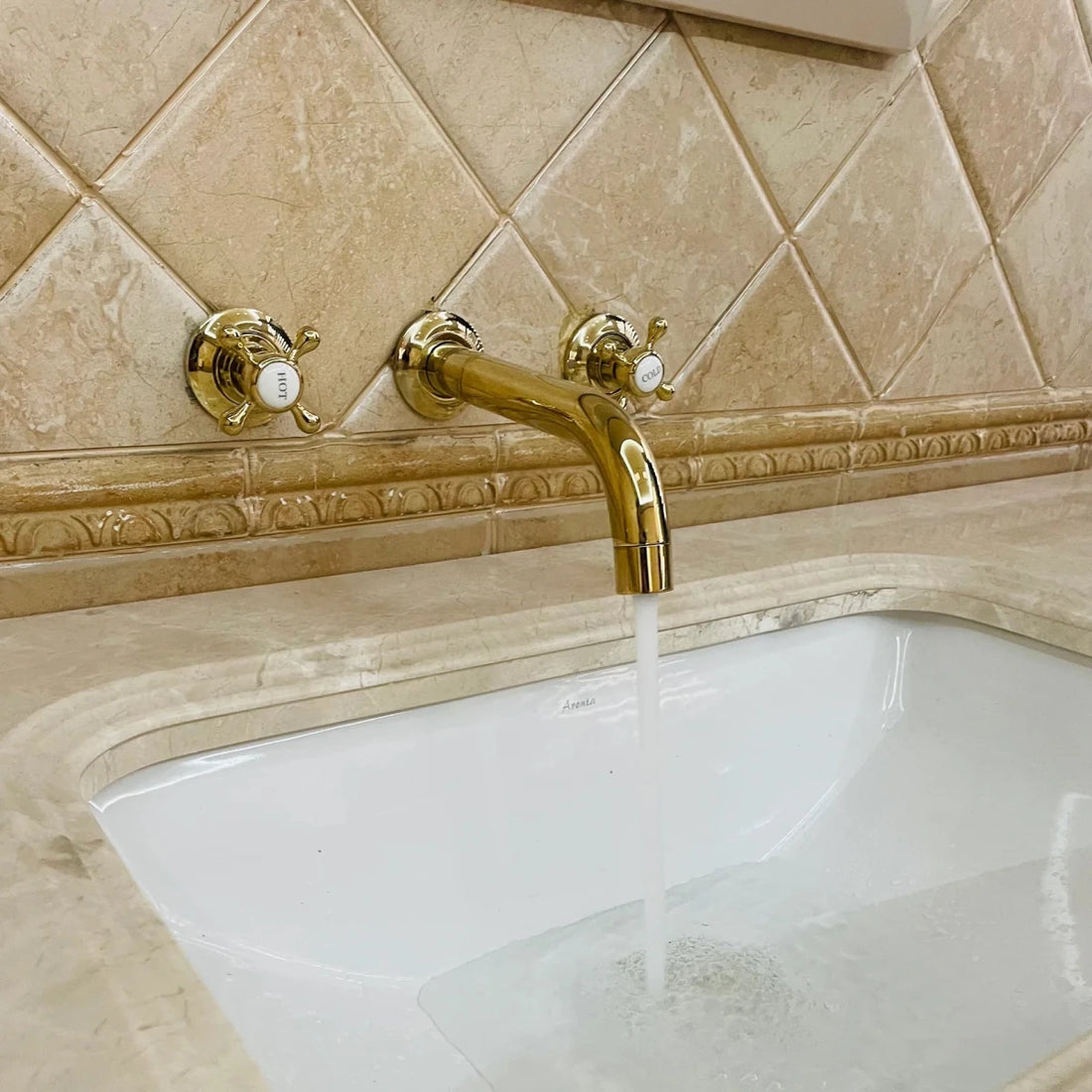 Arcadia Unlacquered Brass Wall Mounted Faucet – Cross Handles, 8" Spout | Solid Brass - The House Of Brass