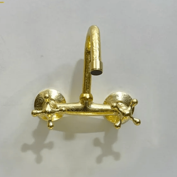 Engraved Brass Wall-Mounted Kitchen Faucet – Vintage Style - The House Of Brass