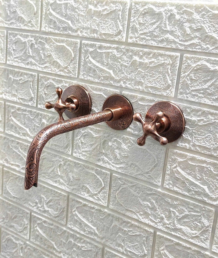 Handcrafted Engraved Copper Wall Mounted Faucet
