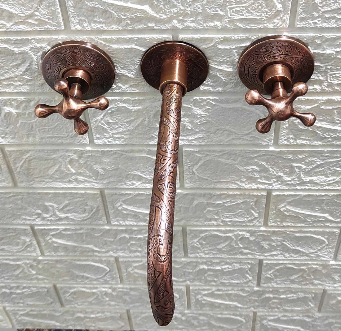 Handcrafted Engraved Copper Wall Mounted Faucet