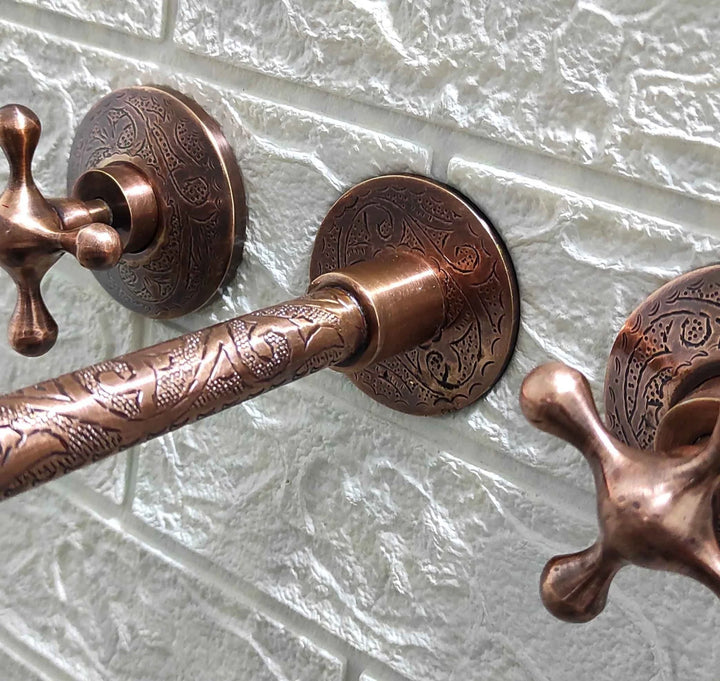 Handcrafted Engraved Copper Wall Mounted Faucet