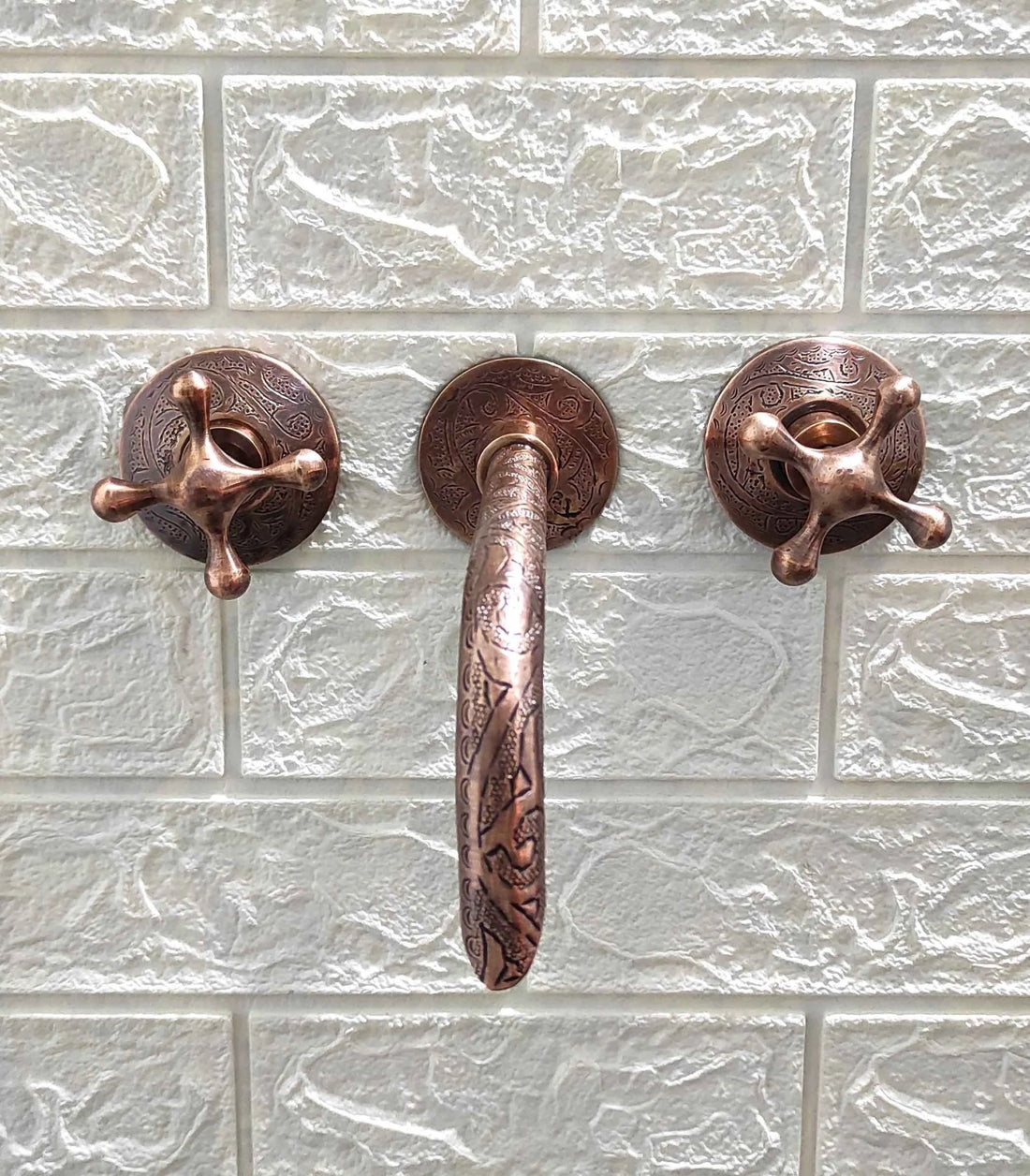 Handcrafted Engraved Copper Wall Mounted Faucet