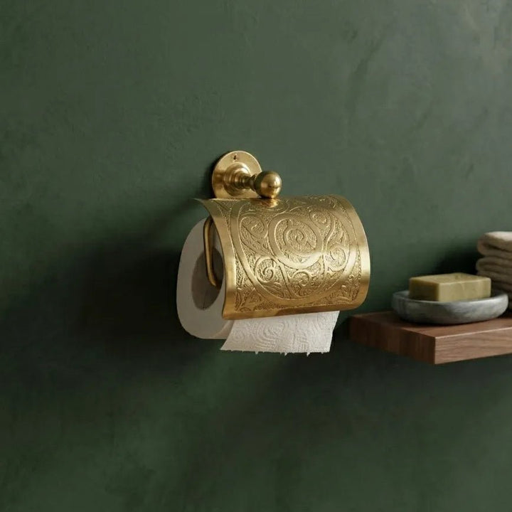 Engraved Solid Brass Toilet Paper Holder – Wall Mounted Unlacquered Brass Bathroom Accessory - The House Of Brass