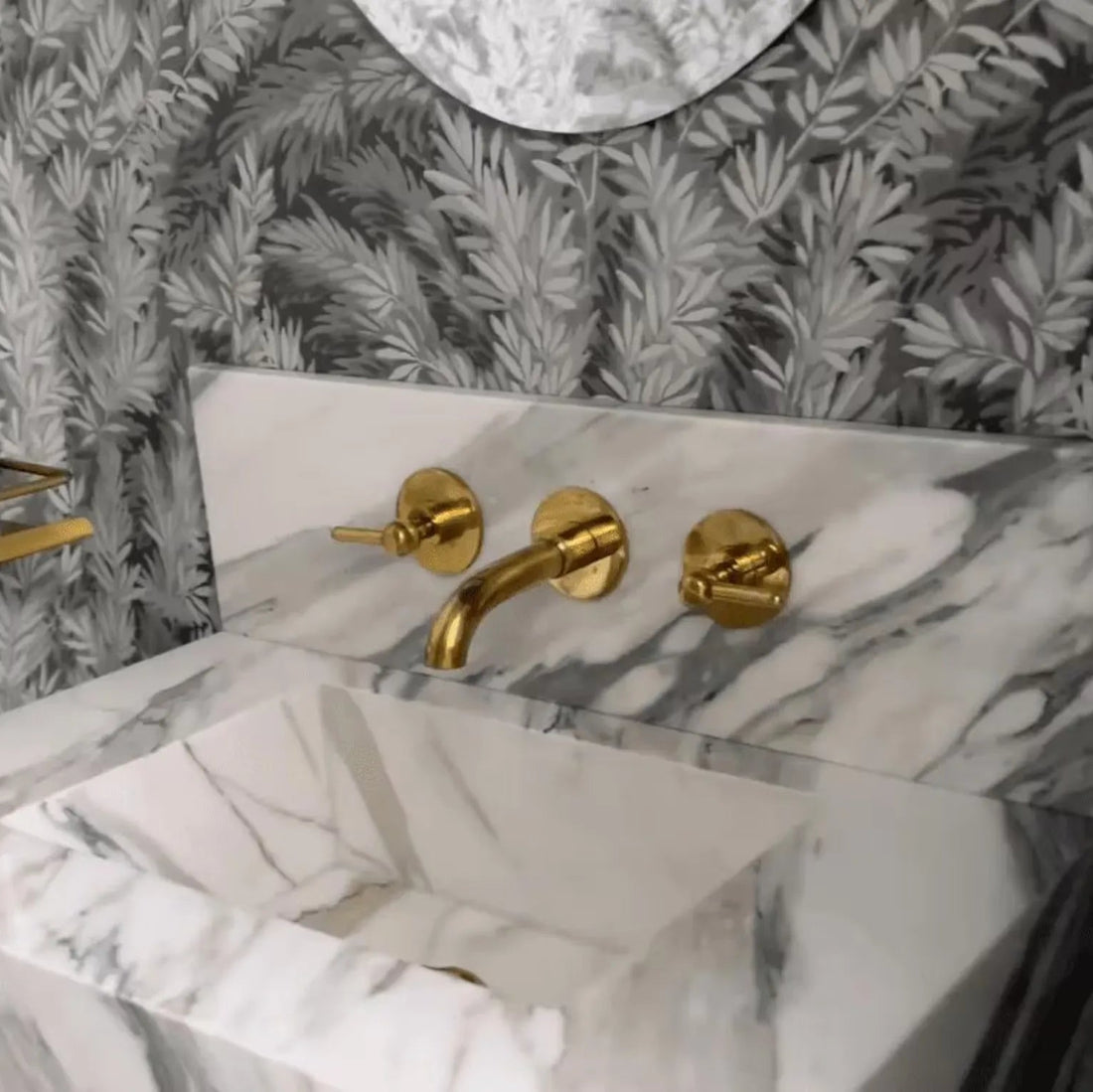 Unlacquered Brass Wall Mount Bathroom Faucet – 8" Spread, 5.5" Spout