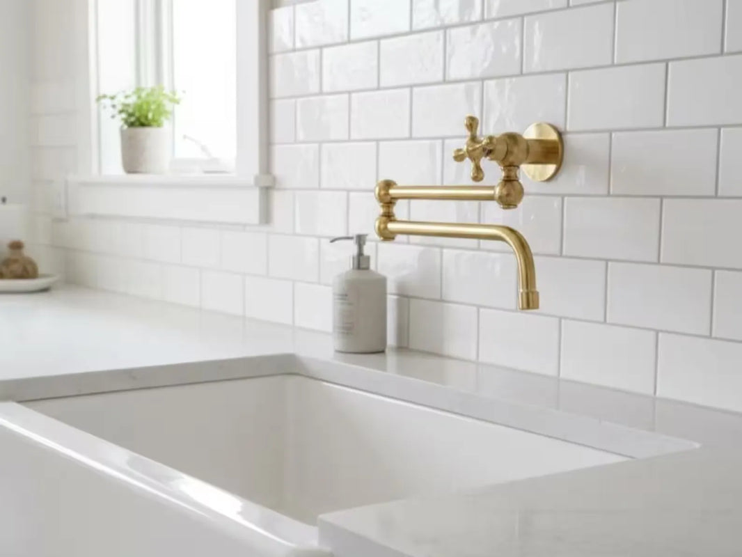 Unlacquered Brass Wall Mounted Pot Filler Faucet – Cross Handles, Folding Arm | Solid Brass