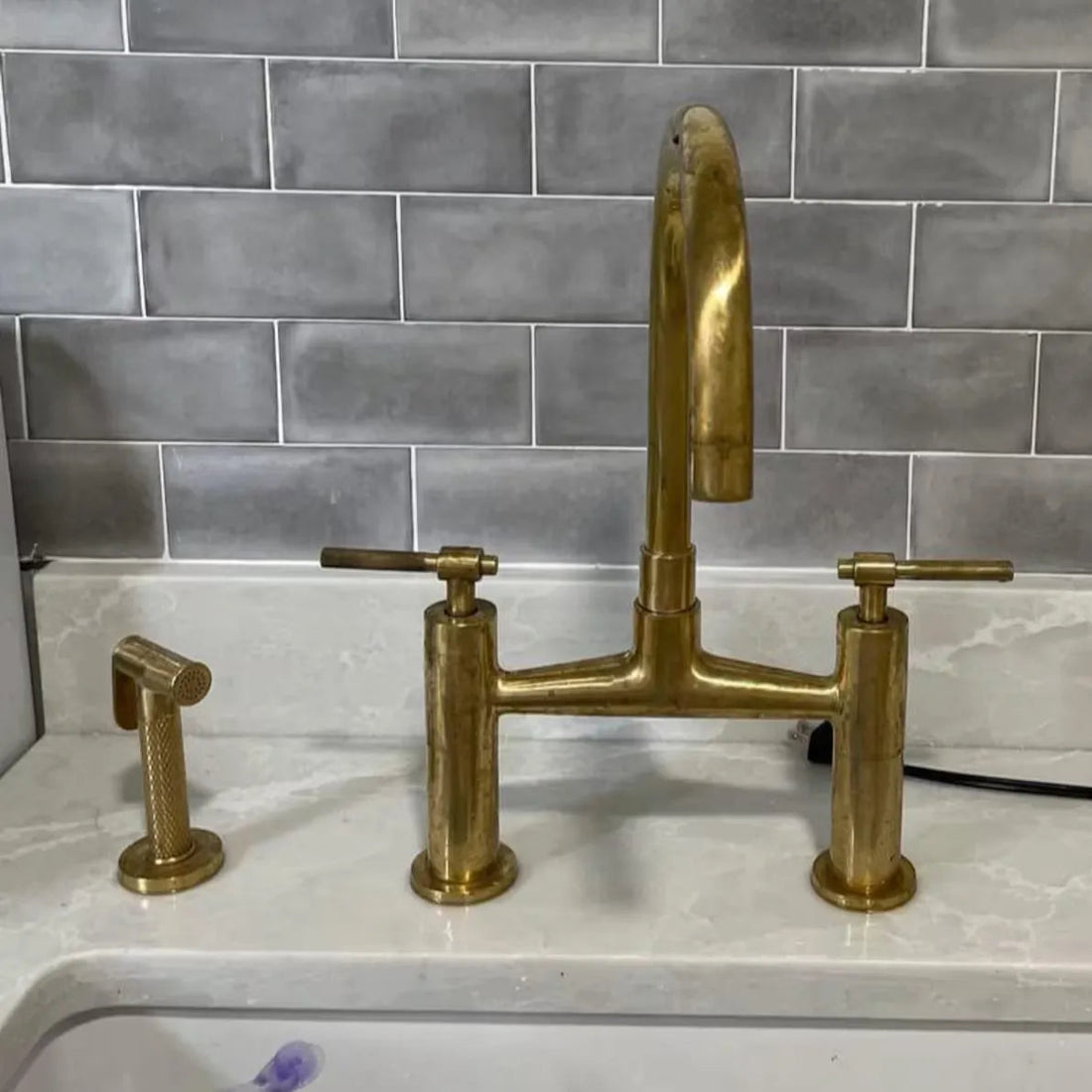 Unlacquered Brass Bridge Kitchen Faucet – Lever Handles, 8" Spread, Side Sprayer Included