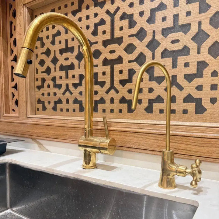 Unlacquered Brass Pull-Down Kitchen Faucet – Solid Brass, 17" Tall