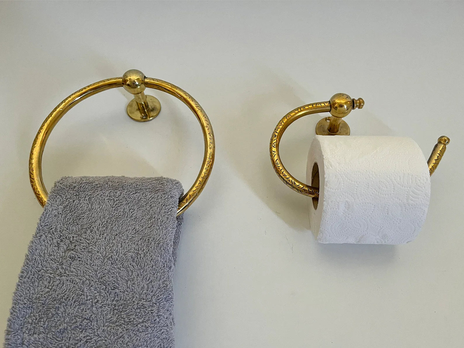 Unlacquered Brass Bathroom Set – Towel Ring & Toilet Paper Holder, Handcrafted