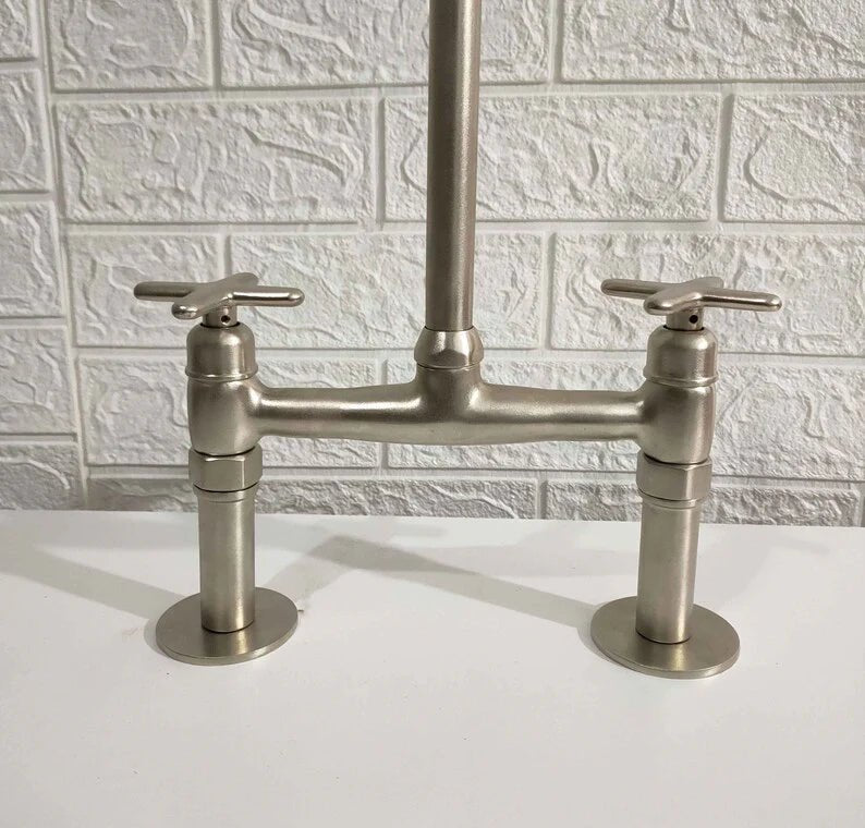 Matte Nickel Kitchen Faucet – Solid Brass Bridge Design, 2-Hole, 18" Tall