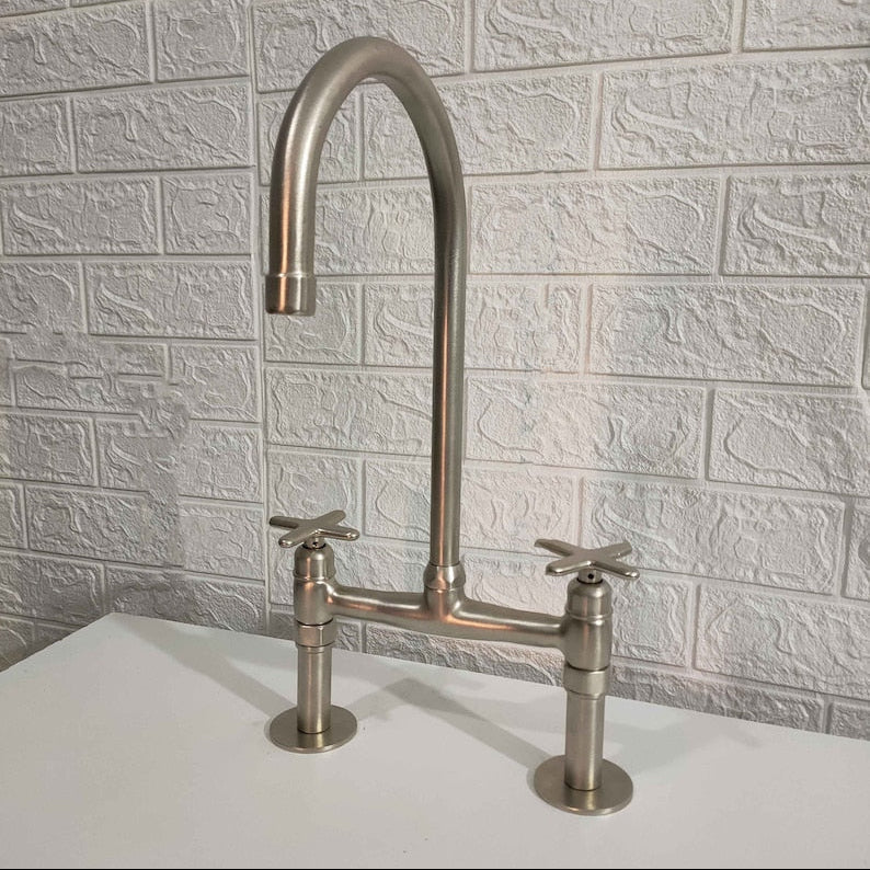 Matte Nickel Kitchen Faucet – Solid Brass Bridge Design, 2-Hole, 18" Tall