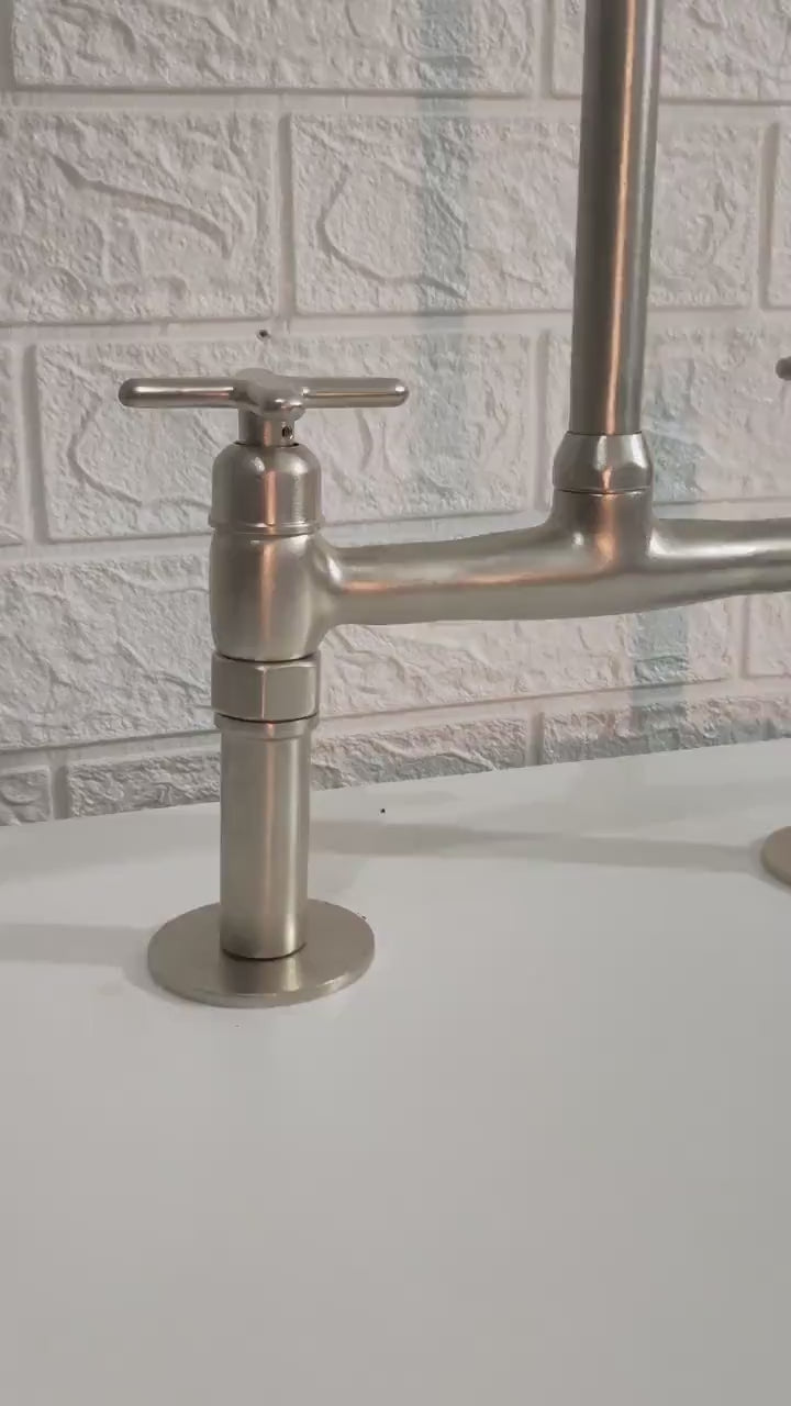 Matte Nickel Kitchen Faucet – Solid Brass Bridge Design, 2-Hole, 18" Tall