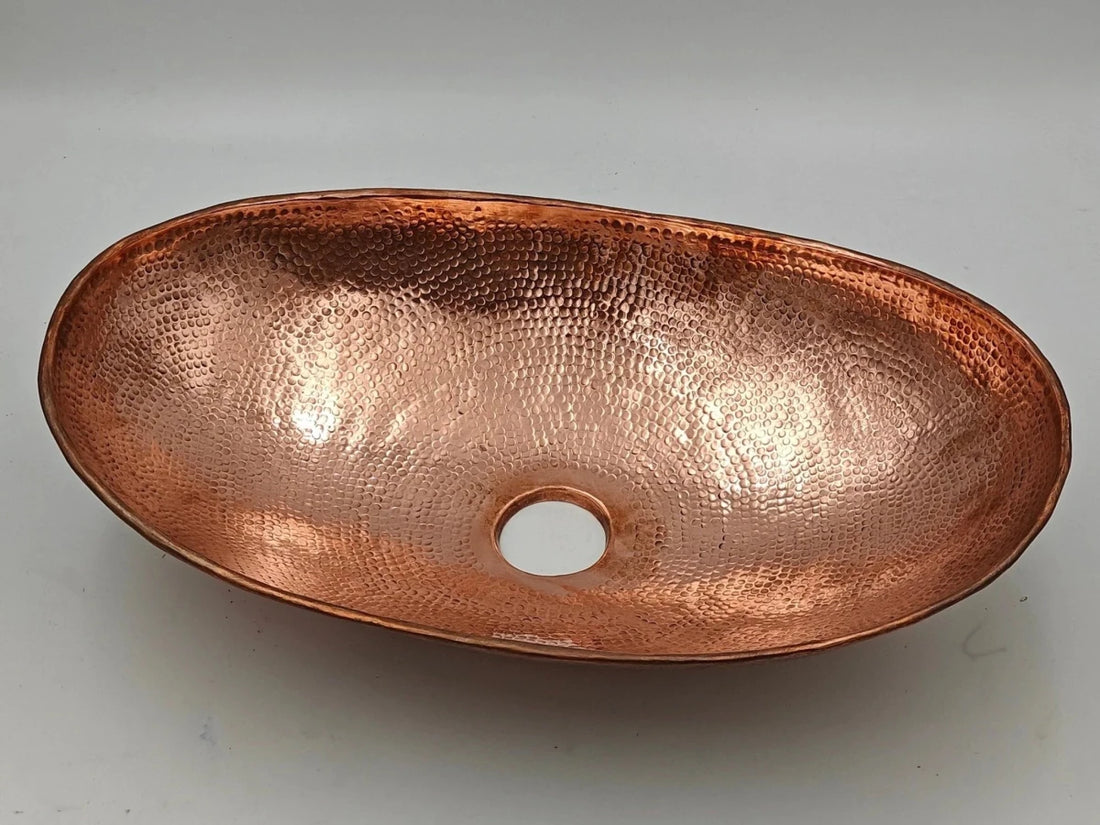 Solid Copper Hammered Vessel Sink – 18x11x4", Unlacquered, Natural Patina - The House Of Brass