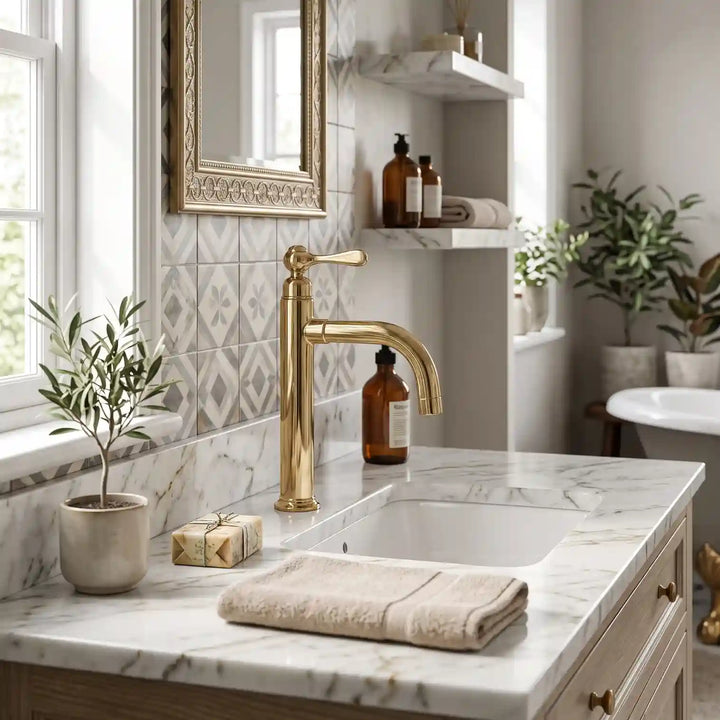 Unlacquered Brass Vessel Sink Faucet – Tall Single Hole, Cross or Lever Handle