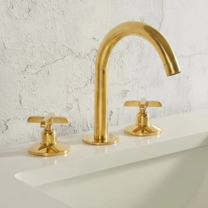Unlacquered Brass 3-Hole Deck Mounted Bathroom Sink Faucet – Solid Brass, Natural Patina - The House Of Brass
