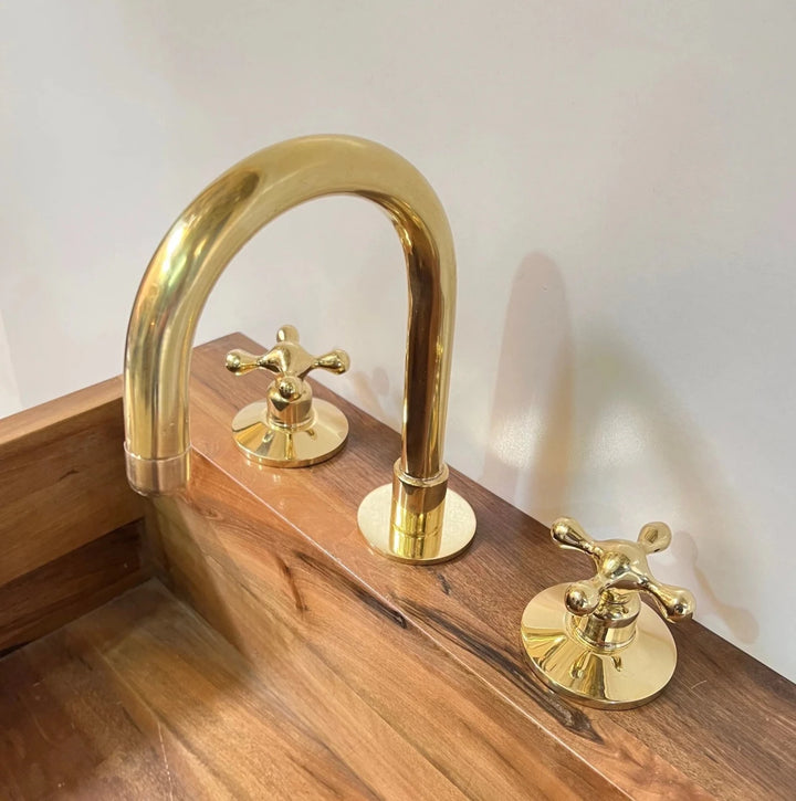 Unlacquered Brass 3-Hole Widespread Bathroom Faucet – Cross or Flat Handles | Solid Brass - The House Of Brass