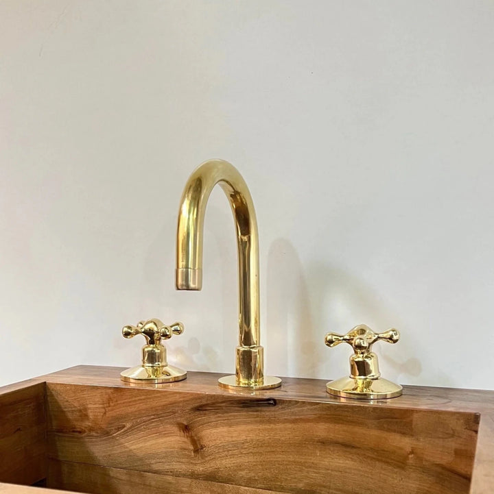 Unlacquered Brass 3-Hole Widespread Bathroom Faucet – Cross or Flat Handles | Solid Brass - The House Of Brass