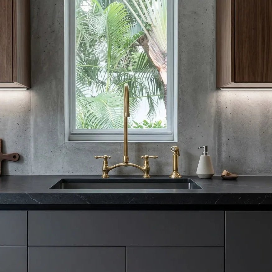 Unlacquered Brass Bridge Kitchen Faucet – Cross or Lever Handles, 8" Spread | Solid Brass - The House Of Brass