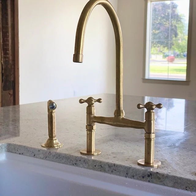 Unlacquered Brass Bridge Kitchen Faucet – Linear Legs, 2-Hole, 18" Height | 100% Solid Brass - The House Of Brass