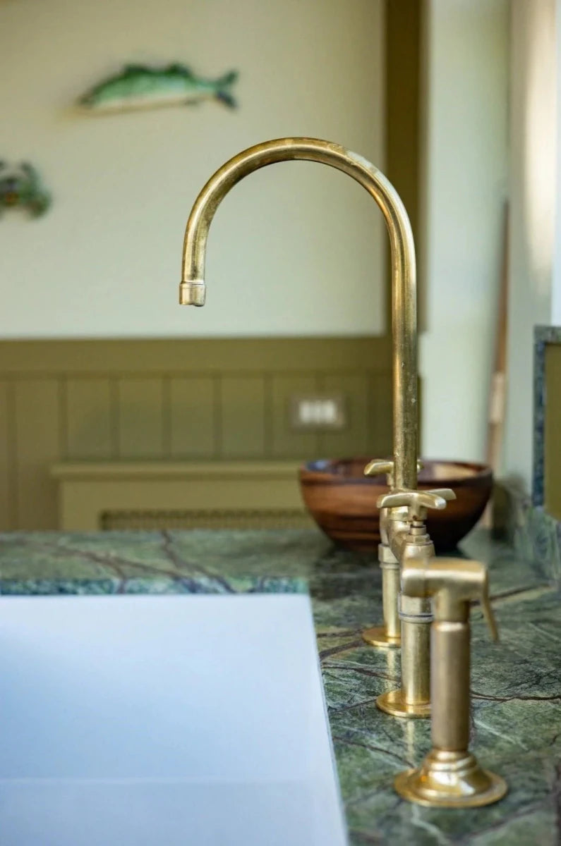 Unlacquered Brass Bridge Kitchen Faucet – Linear Legs, 2-Hole, 18" Height | 100% Solid Brass - The House Of Brass