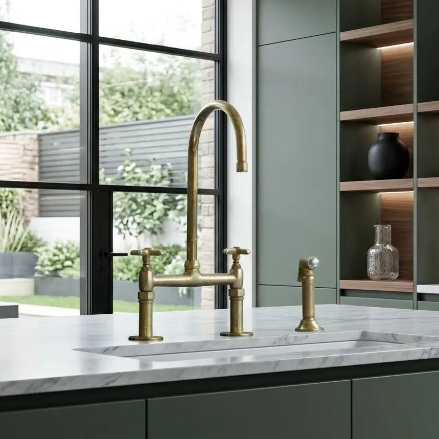 Unlacquered Brass Bridge Kitchen Faucet – Linear Legs, 2-Hole, 18" Height | 100% Solid Brass - The House Of Brass