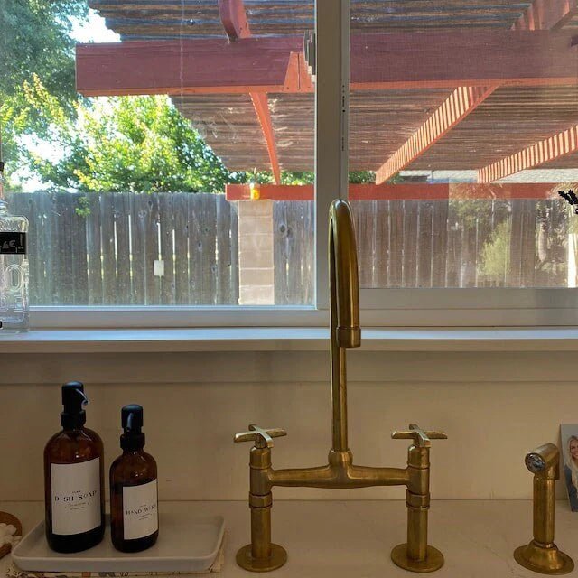 Unlacquered Brass Bridge Kitchen Faucet – Linear Legs, 2-Hole, 18" Height | 100% Solid Brass - The House Of Brass