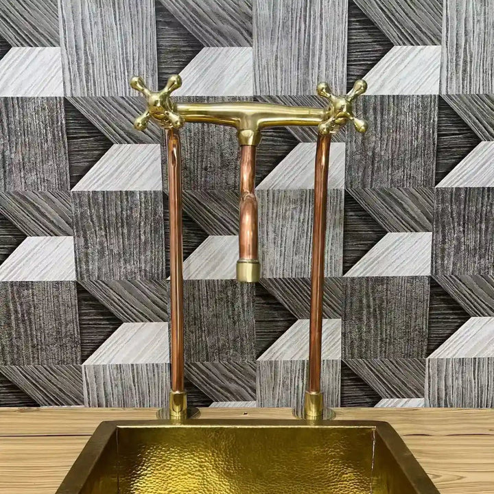 Unlacquered Brass & Copper Bridge Kitchen Faucet – Long Legs, Cross Handles | Handmade - The House Of Brass