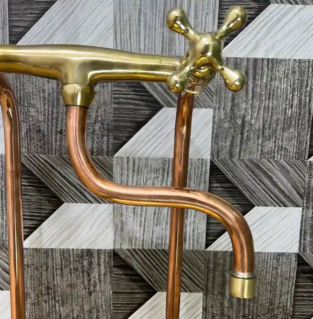 Unlacquered Brass & Copper Bridge Kitchen Faucet – Long Legs, Cross Handles | Handmade - The House Of Brass